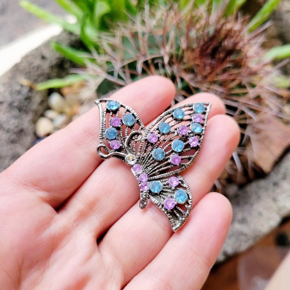 Vintage Silver Rhinestone Butterfly Lapel Brooch Pin